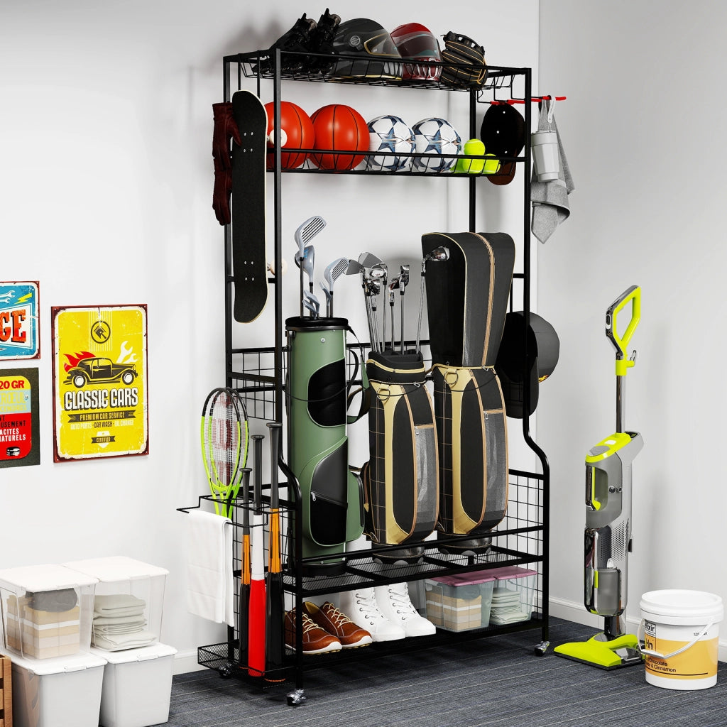 Scaffale portaoggetti con ruote per attrezzature sportive e accessori da golf, Supporto robusto in metallo per garage e cantina