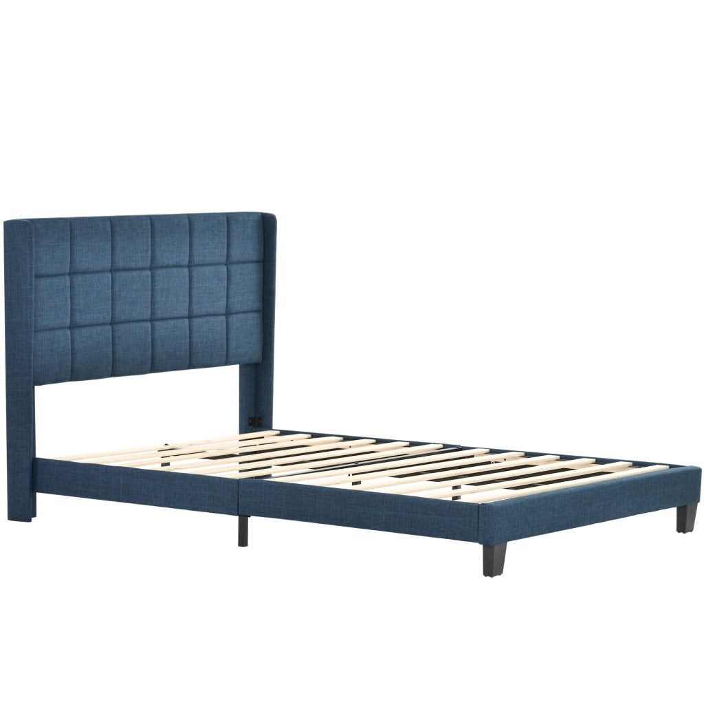Letto imbottito in lino blu con doghe, 140x200 cm