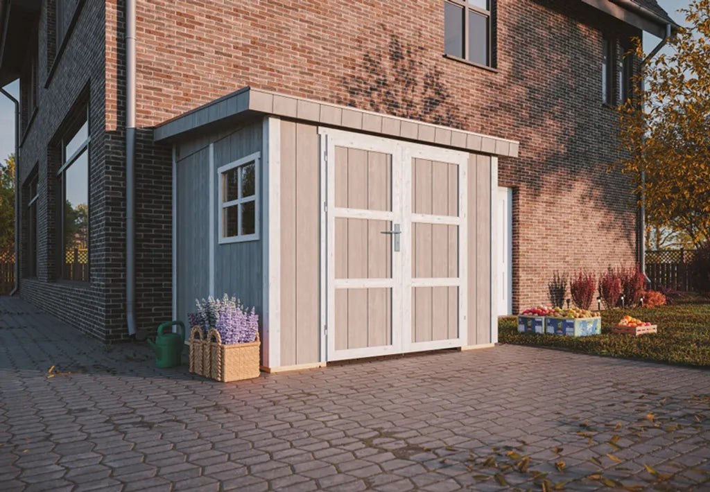 Casetta da giardino di qualit?  PREMIUM 5,9 m?² - H231x248x294 cm - Senza pavimento e parete laterale - Timbela M938B-TUNDRA GREY