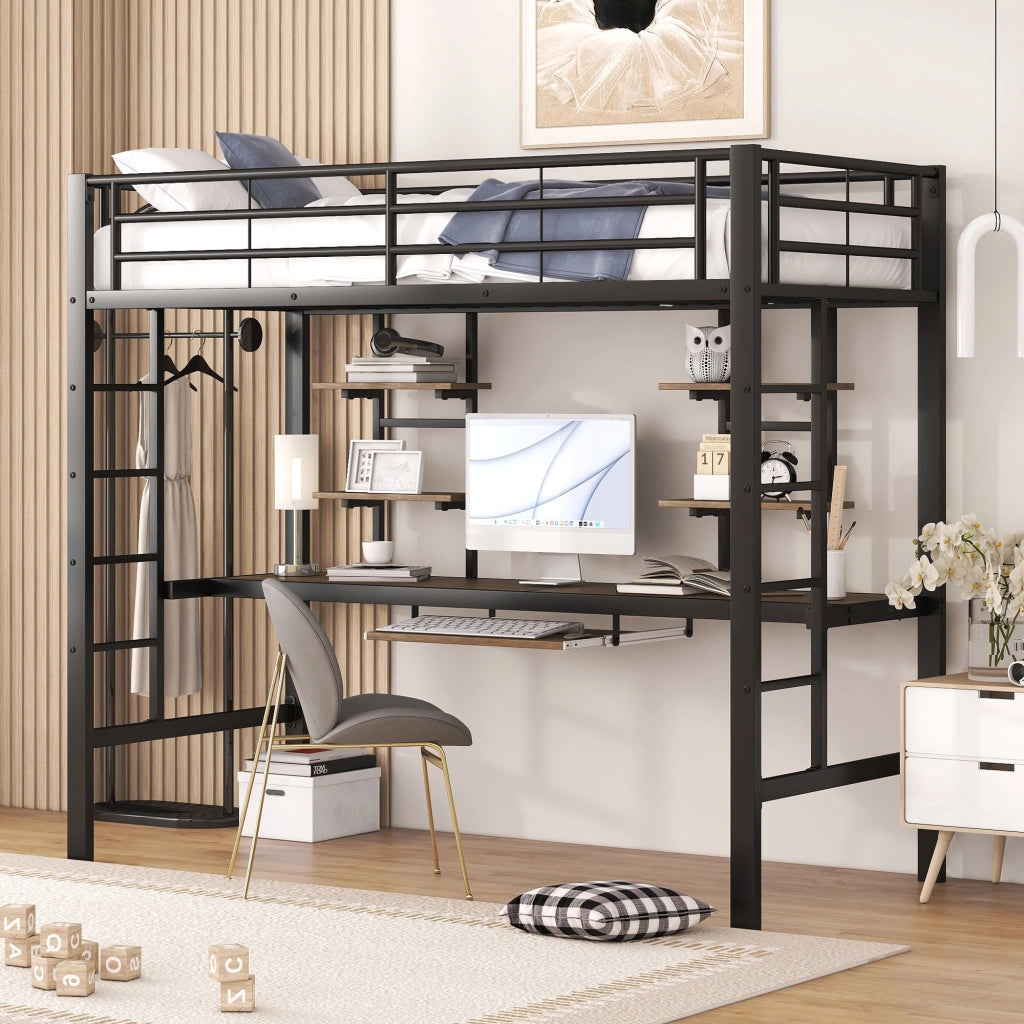 Letto a soppalco 90 × 200 cm in metallo nero con scrivania due scaffali e ripiano per tastiera bambini