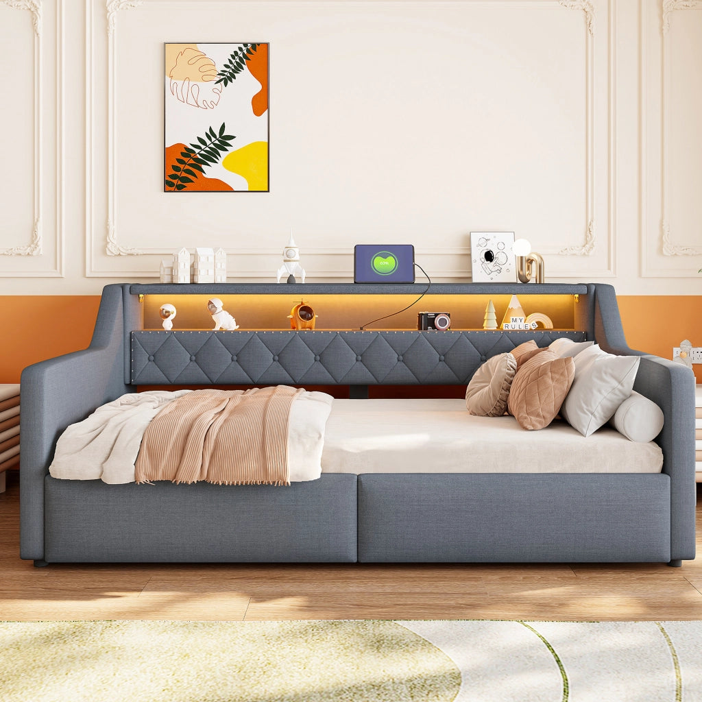 Letto giorno 90 x 200 cm con striscia LED, contenitore idraulico, USB e Type-C - Lino, grigio, senza materasso