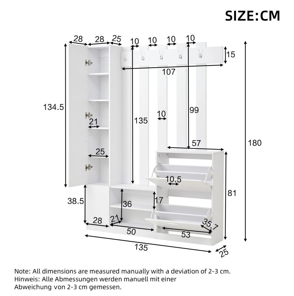 Set da ingresso con specchio; 2 scarpiere a ribalta e 5 ganci; 135 ¡Á 25 ¡Á 180 cm; bianco