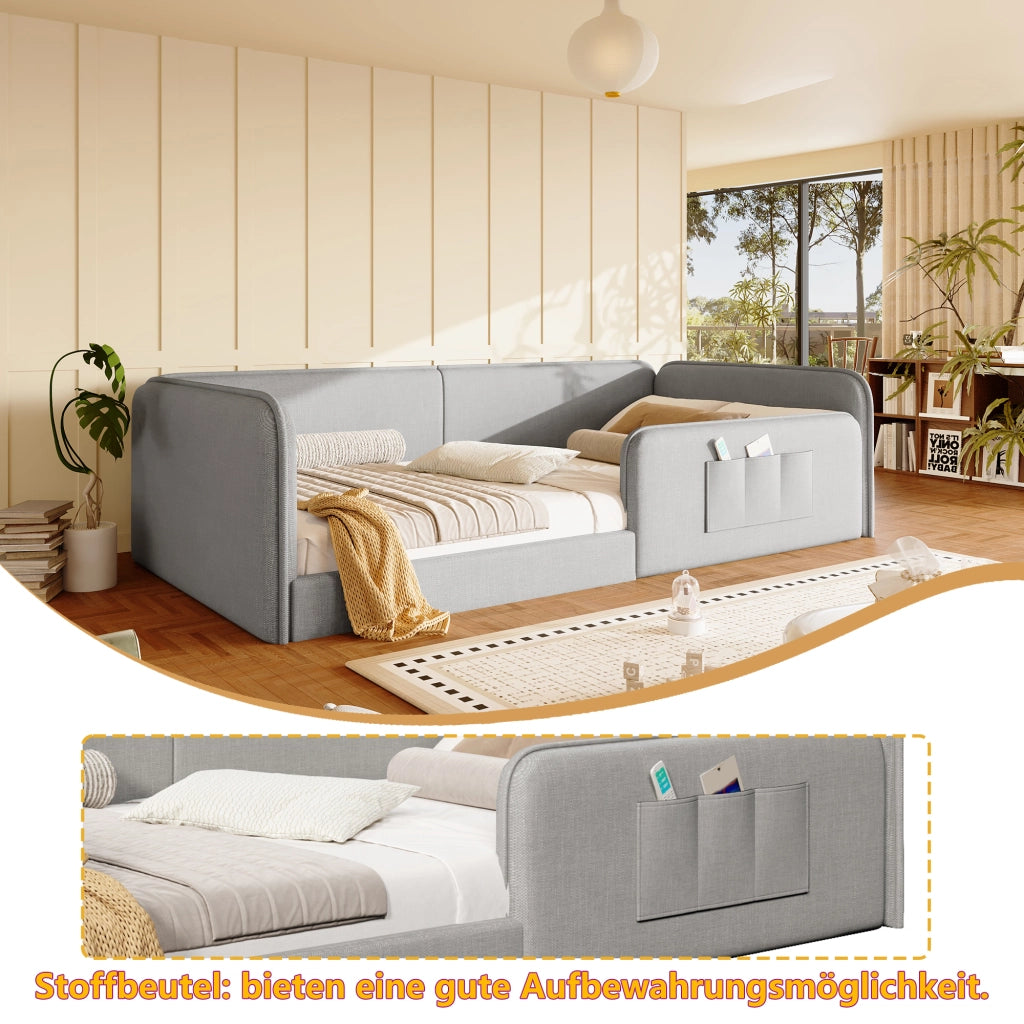 Letto per bambini 90x200 cm imbottito con tasche laterali e bordo di sicurezza; MDF e lino grigio