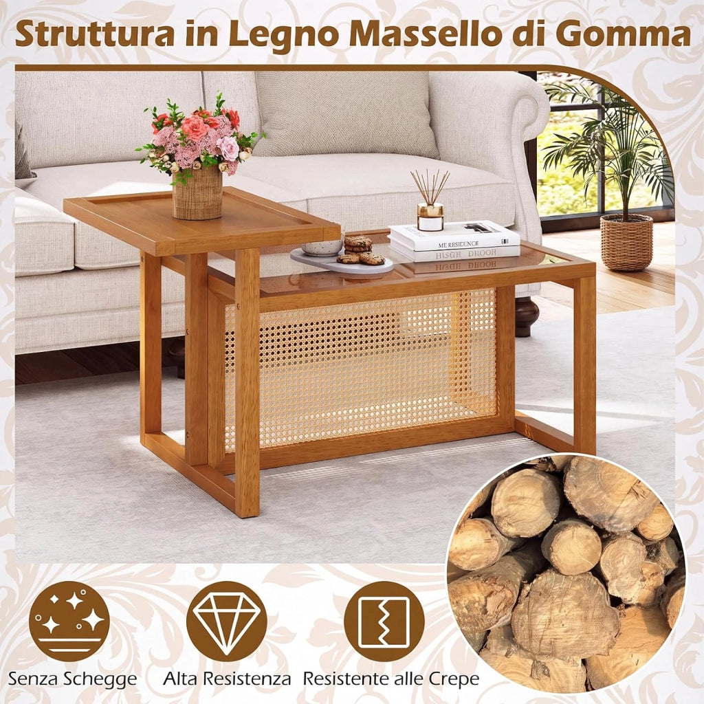 Tavolino Salotto in Vetro Temperato e Rattan a 2 Ripiani
Tavolino da Caffè Salvaspazio Rettangolare con Vassoio Laterale e Decorazioni Rattan, da Studio e Ufficio, 102 x 56 x 56 cm