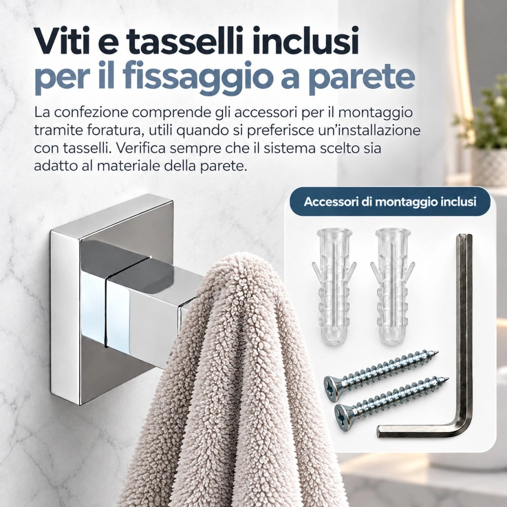 Appendino Gancio Porta Asciugamano Quadrato 4,5 cm Doppio Fissaggio 59179