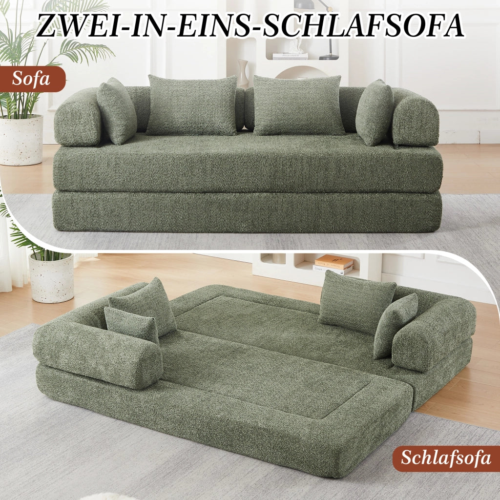 Divano modulare 4 in 1 con schienale regolabile, funzione letto e 4 cuscini, antiscivolo in ciniglia verde