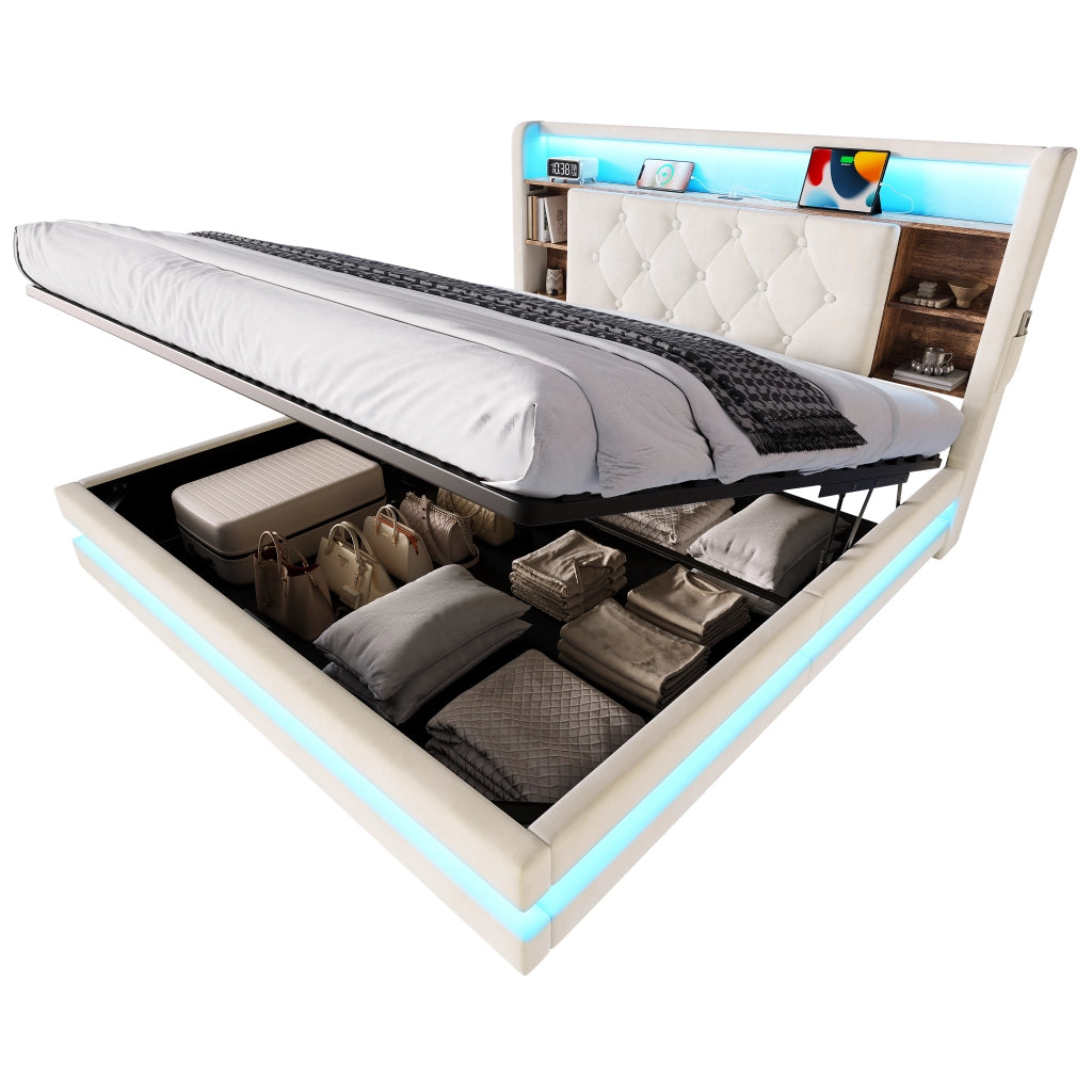 Letto Contenitore 140x200 cm Matrimoniale; LED; USB; Type-C e Ripiani in Velluto Beige