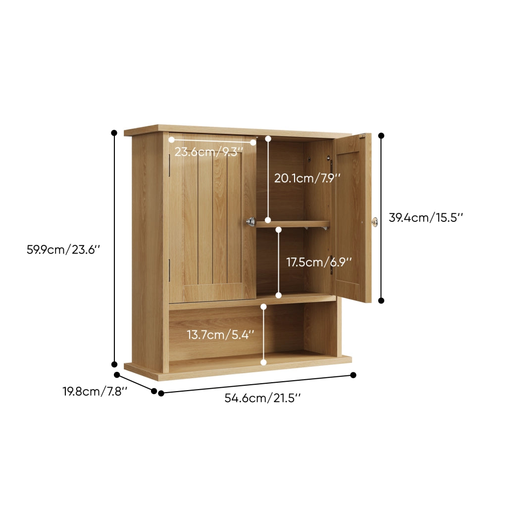 Mobile pensile da bagno in MDF effetto rovere con doppia anta e vano a giorno
