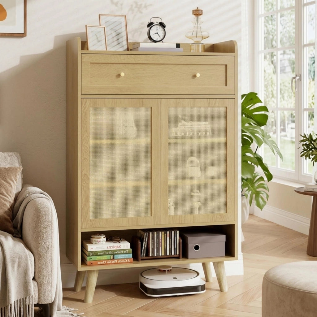 Mobile contenitore con ante, cassetto e ripiani in rovere chiaro 80x105x35 cm