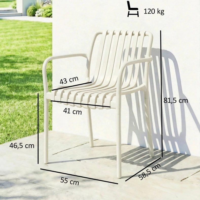 Set di 4 Sedie da Giardino Impilabili in PP Crema con Schienale Ergonomico a Lamelle