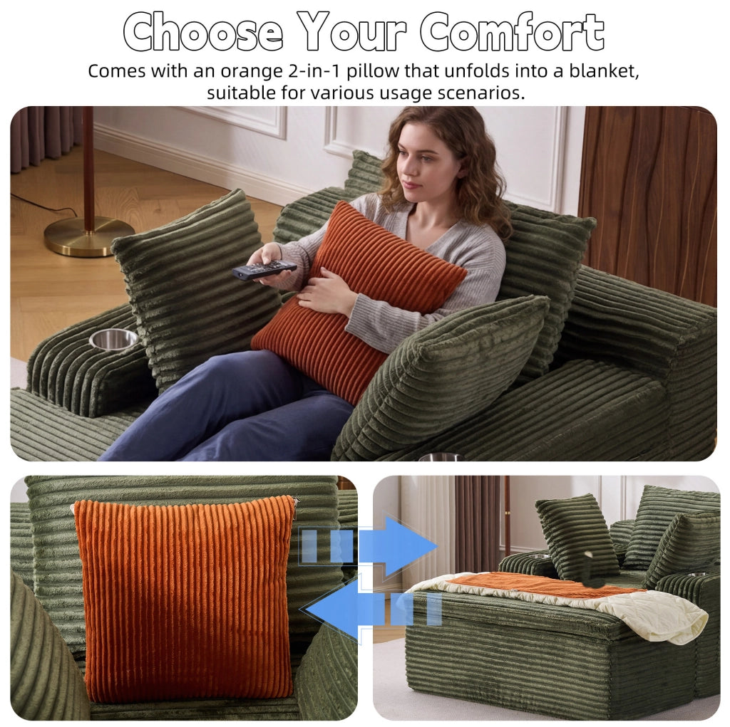 Divano da pavimento ULEVR con chaise longue, 3 cuscini, portabicchieri e cuscino coperta 2 in 1, velluto a coste verde
