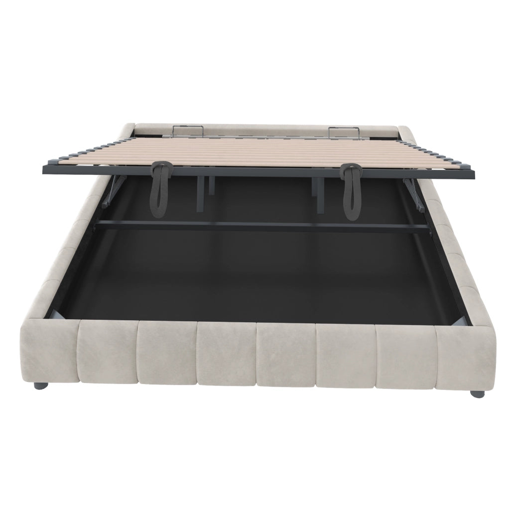 Letto Matrimoniale Imbottito 180x200 cm in Velluto con Contenitore Idraulico; LED; Testiera; Beige