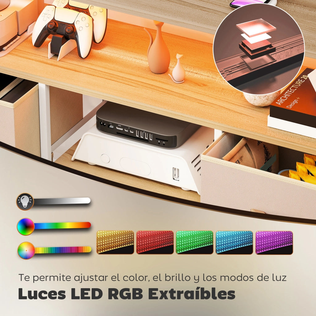Mobile TV con Luci LED e Prese USB ¨C Minimal ¨C 120x30x67,5 cm Beige e Bianco