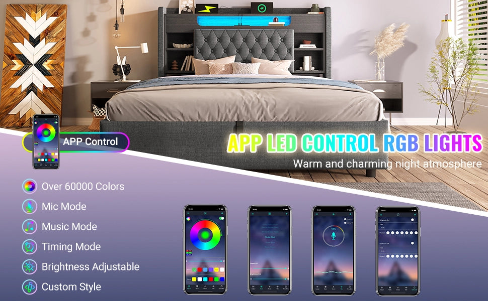 Letto imbottito 160 × 200 cm con contenitore idraulico LED USB e USB-C testiera con ripiani grigio