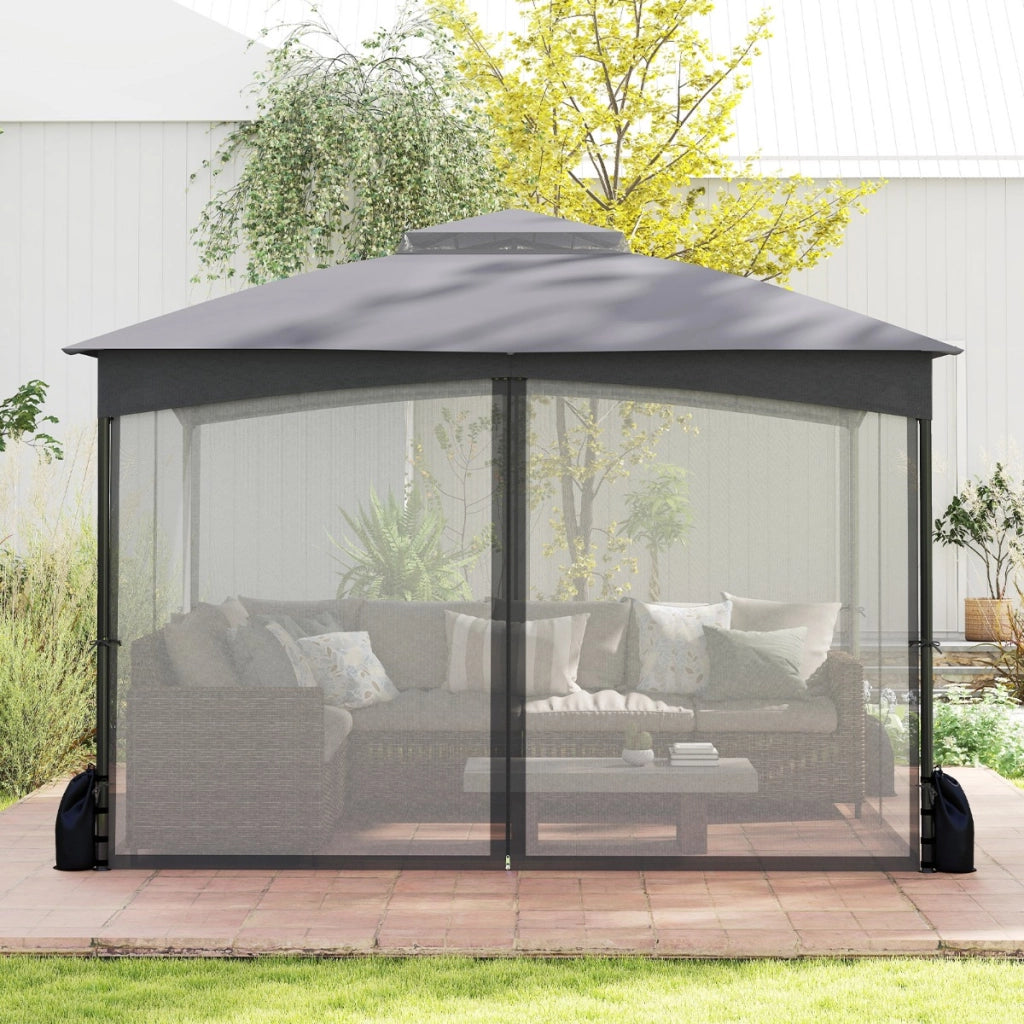 Gazebo da patio tetto morbido a doppia copertura con 4 sacchetti di sabbia, Gazebo da patio 3 x 3,6 m per prato giardino all'aperto Grigio