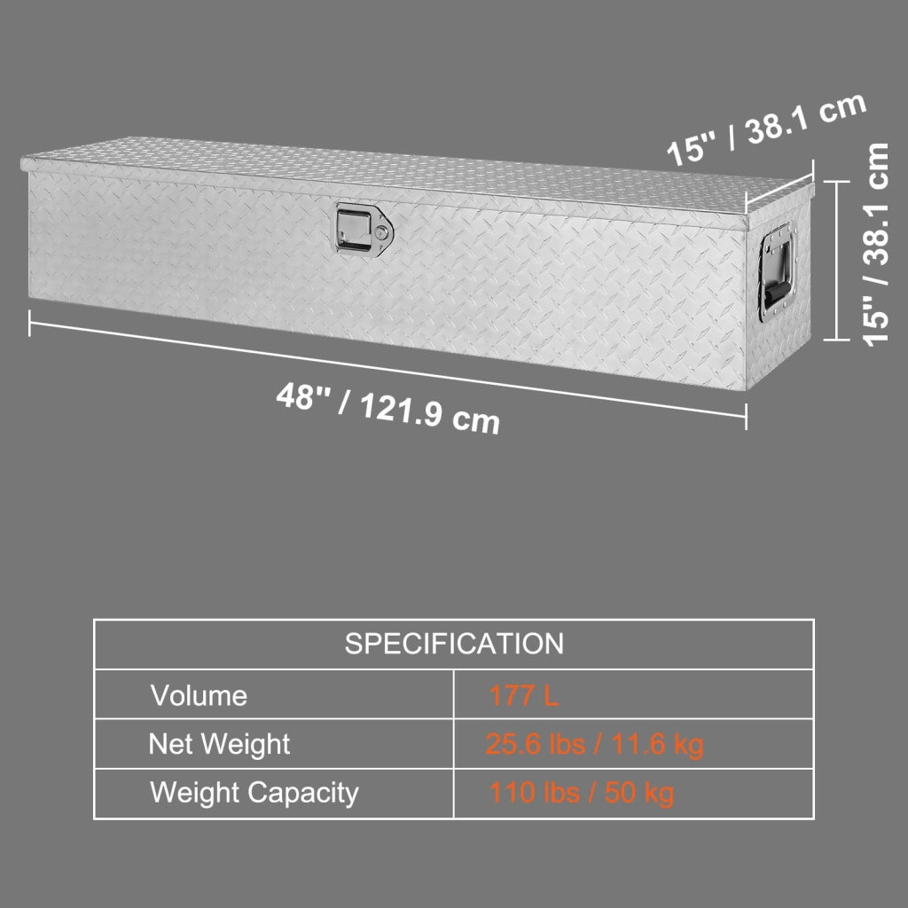Cassetta degli attrezzi in alluminio per camion e rimorchio, baule robusto con maniglie, 177 L, 121,9 x 38 x 38 cm, argento