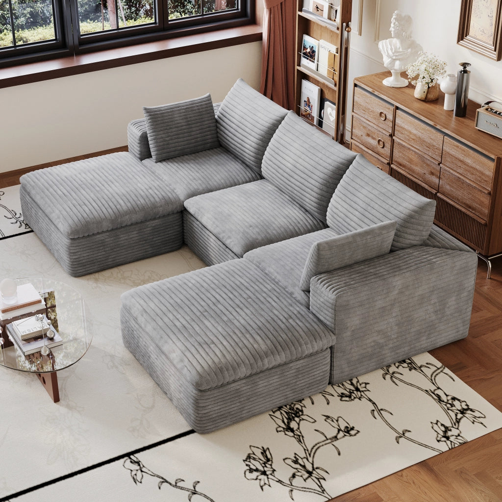 Divano modulare con imbottitura in schiuma e configurazione flessibile per soggiorno, in tessuto grigio