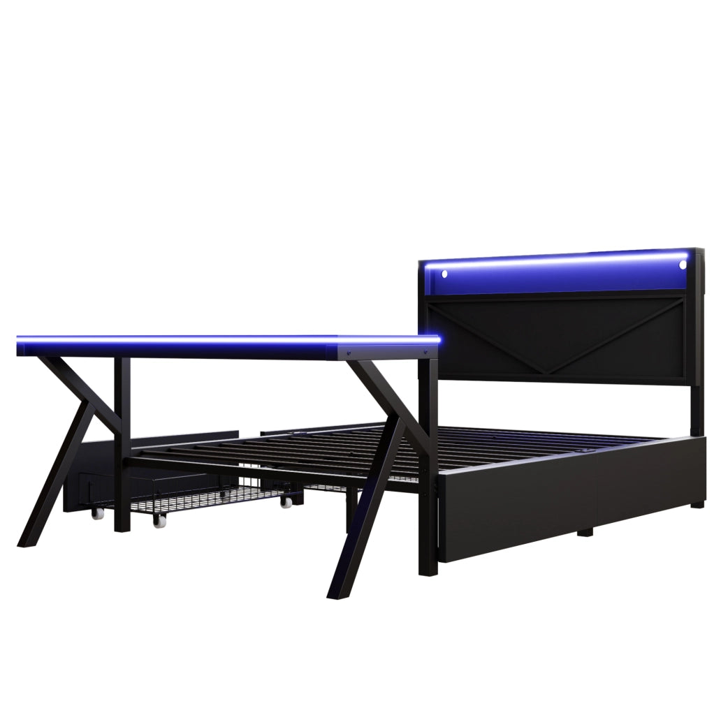 Letto piattaforma gaming 140x200 cm in MDF e metallo nero con LED e contenitori
