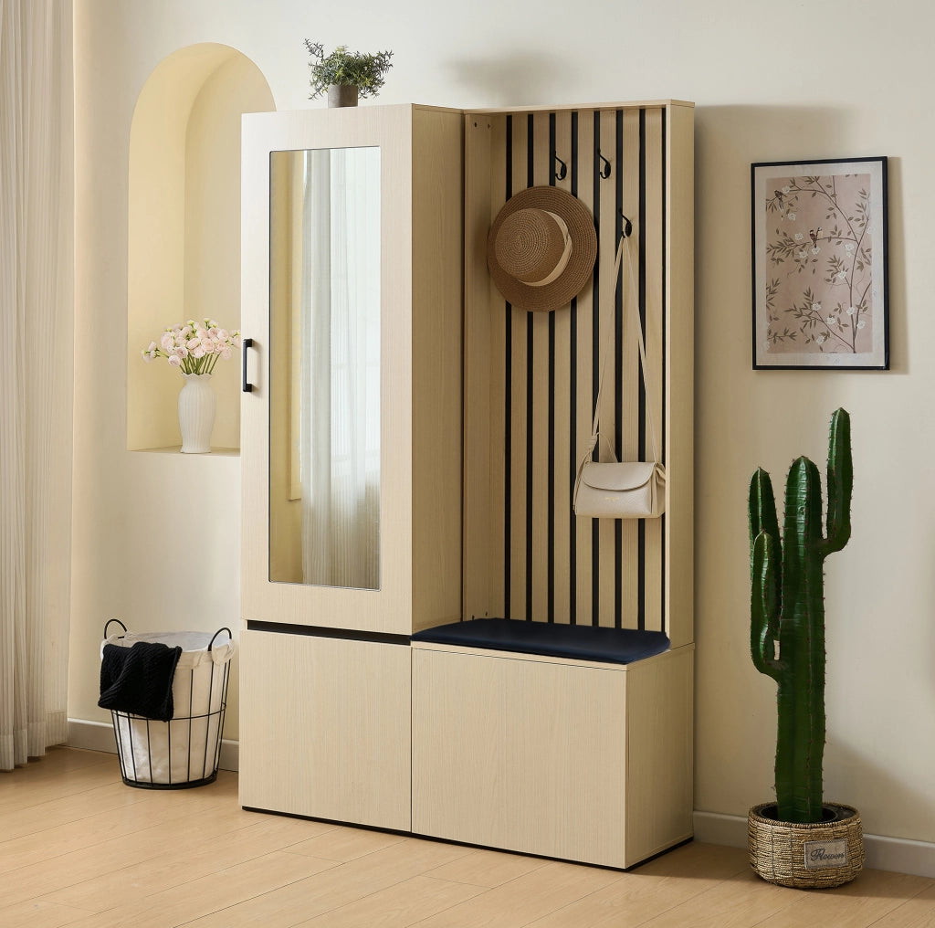 Set guardaroba con specchio e panca in MDF effetto legno