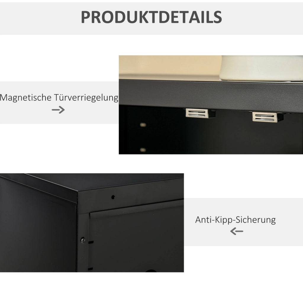 Armadio contenitore in metallo nero con ante a lamelle e 2 ripiani regolabili; 75x33x110 cm