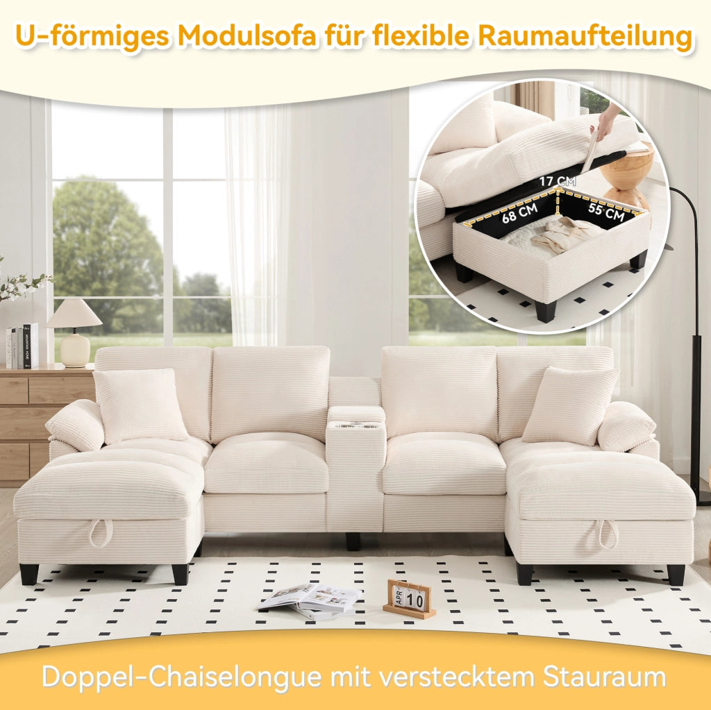 Divano modulare a U 4 posti in velluto a coste beige con USB