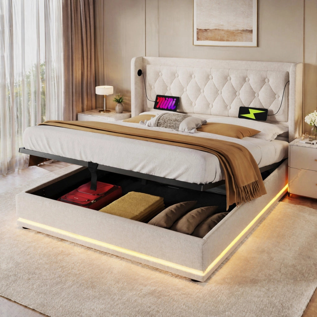 Letto contenitore beige 140 x 200 cm con LED, ricarica USB e Tipo-C