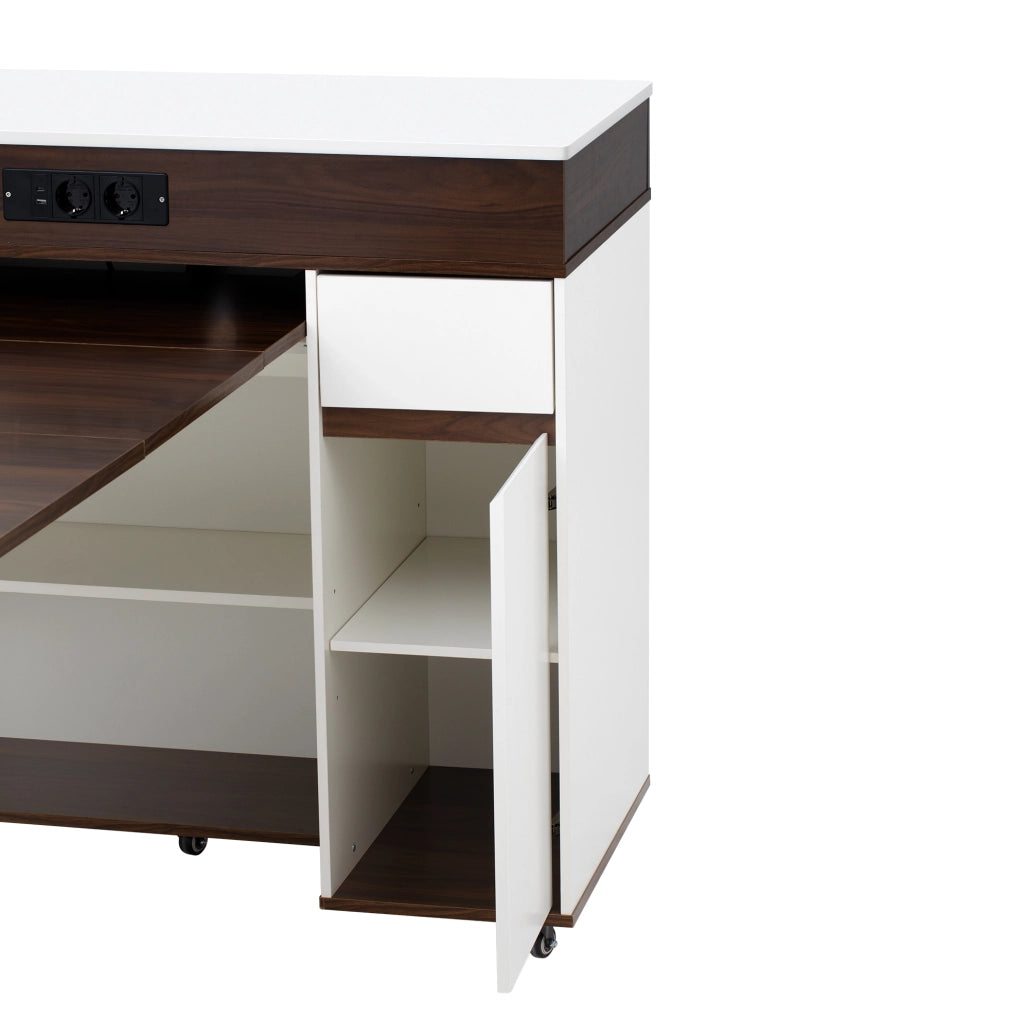 Isola cucina con ruote e tavolo allungabile, mobile con cassetto e prese elettriche, MDF bianco e finiture noce, dimensioni 50,5-187,5×110,5×95,5 cm