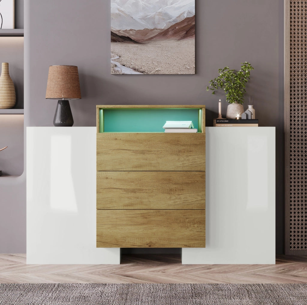 Madia Moderna 140 cm in MDF Lucido Bianco e Legno con Luci LED Multicolori