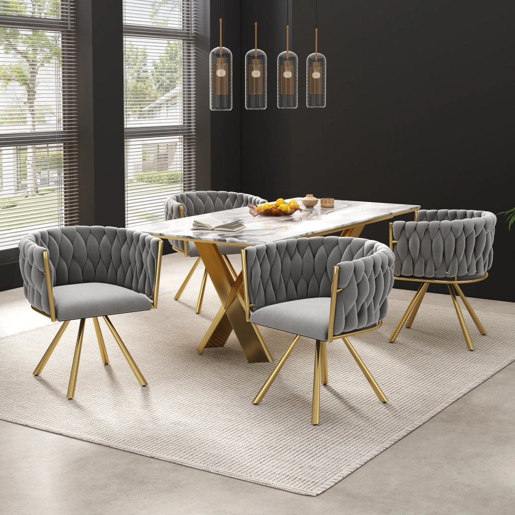 Set di 2 Sedie da Pranzo in Velluto; Girevoli; con Gambe in Metallo; Design Ergonomico; Grigio E Oro