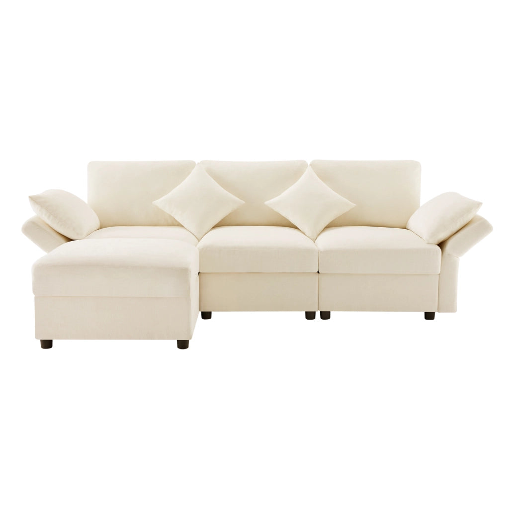 Divano 3 posti con pouf mobile e braccioli regolabili in ciniglia beige