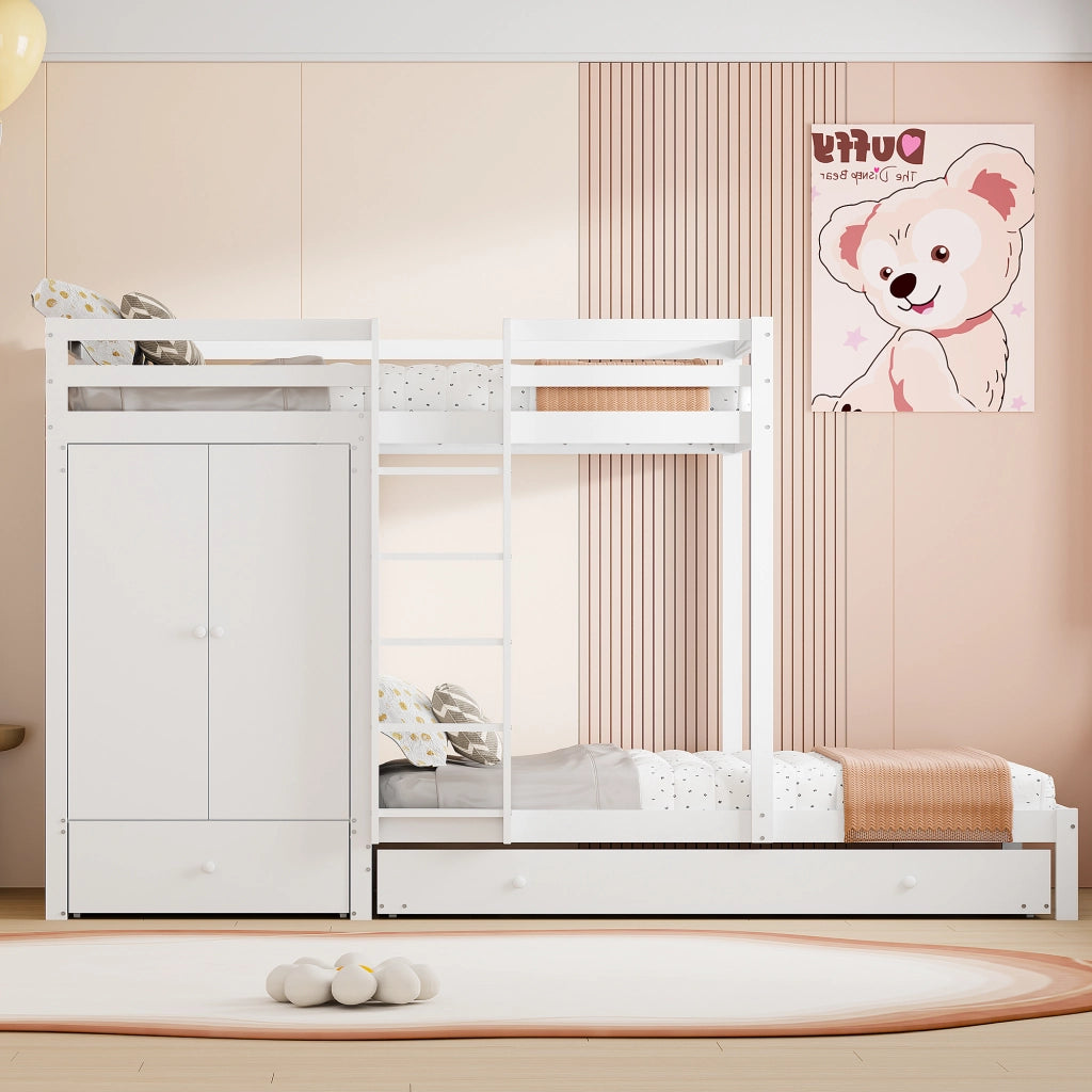 Letto a castello in legno massello 90x200 cm con letto estraibile, armadio integrato e cassetti, bianco