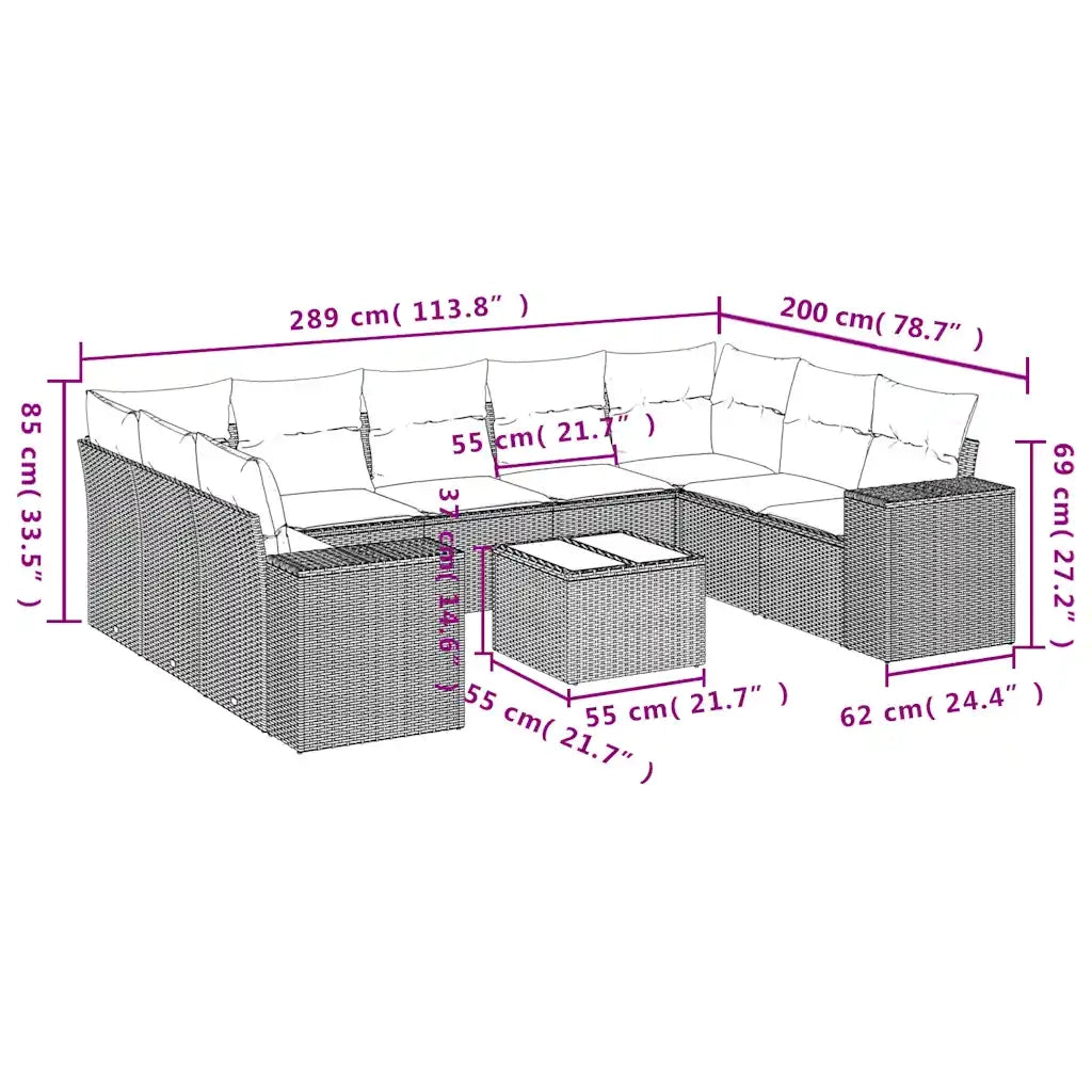 Set Divani da Giardino 10 pz con Cuscini Marrone in Polyrattan 3223013