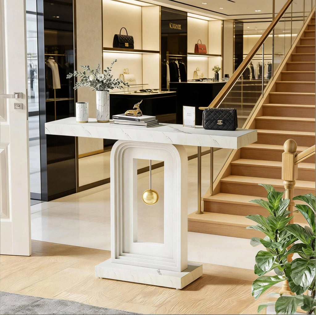 Tavolo consolle stretto 100 cm con piano in marmo bianco e struttura in MDF HOMVRA