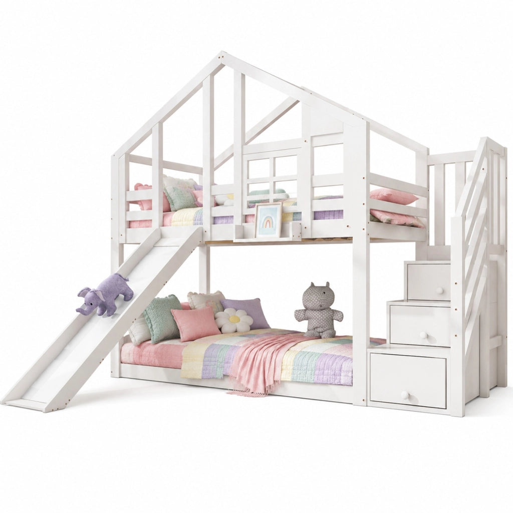 Letto a castello per bambini 90 × 200 cm con scivolo scale contenitore in legno e MDF bianco con rete a doghe