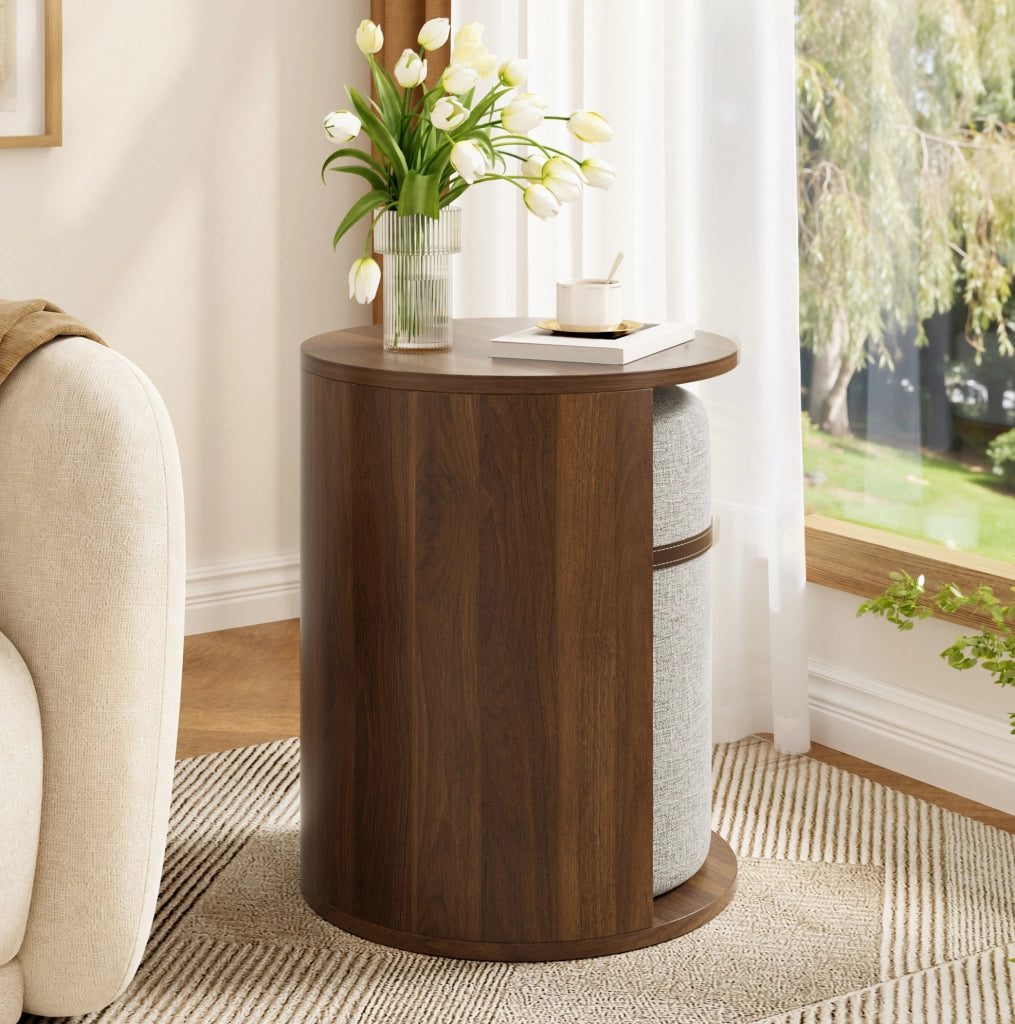 TAVOLO Laterale Rotondo con Sgabello Integrato 38x38x47,5 cm MDF Noce