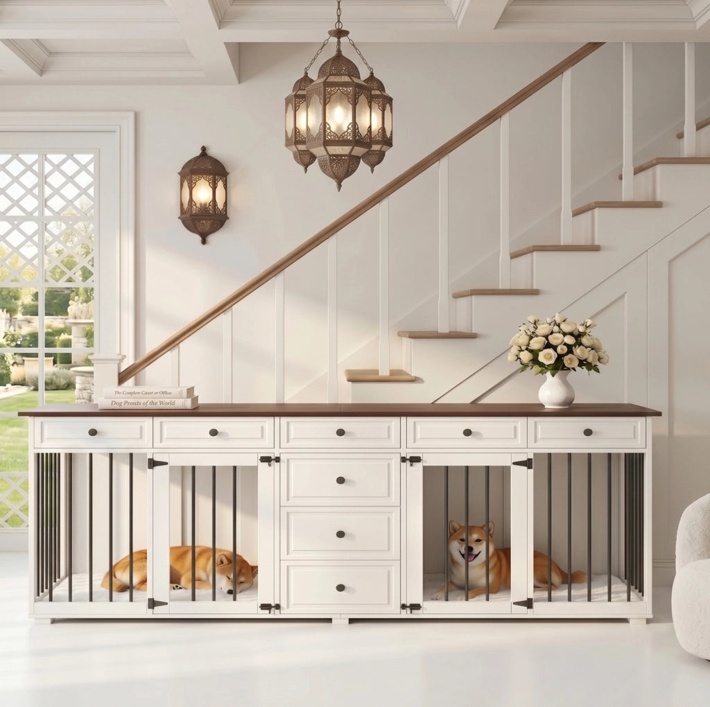 Gabbia per Cani da Interno in Legno con 8 Cassetti e Chiusure di Sicurezza Bianco e Noce per Due Cani