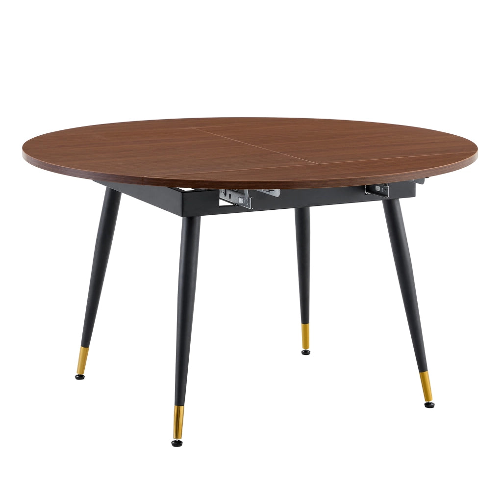 Tavolo da pranzo - estraibile da rotondo a ovale - MDF nero/noce - gambe oro - salvaspazio - per cucina e sala