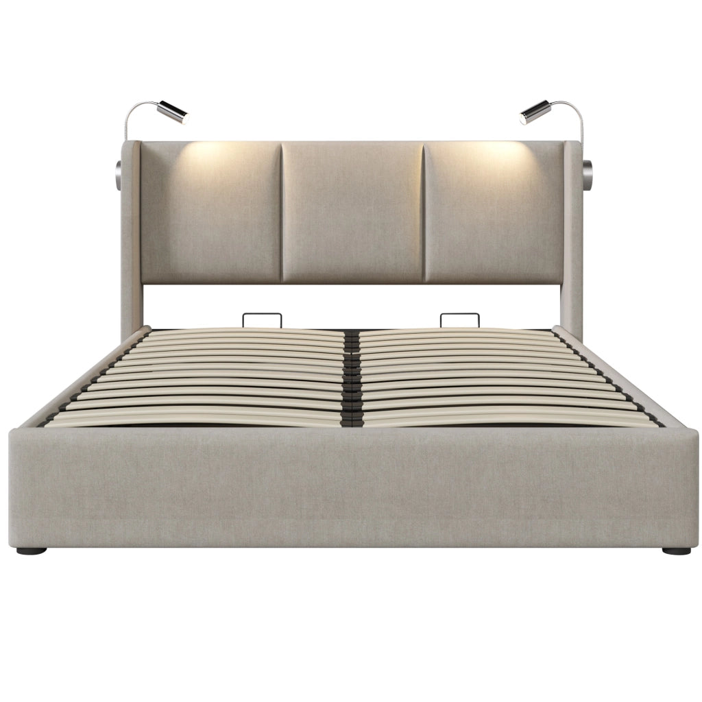 Letto Contenitore Imbottito Matrimoniale con Luce LED e USB ¨C MINIMAL ¨C Tessuto Lino 160x200