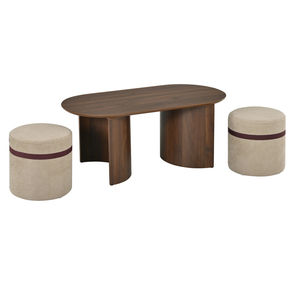 Set tavolino da salotto ovale con 2 pouf imbottiti in MDF e legno di pino noce HAVRYA