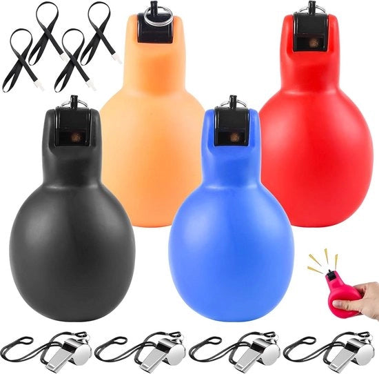Quattro flauti per palloni da calcio - con flauto di plastica e trillatore in acciaio inossidabile - flauti di emergenza per arbitri - educazione fisica calcio.