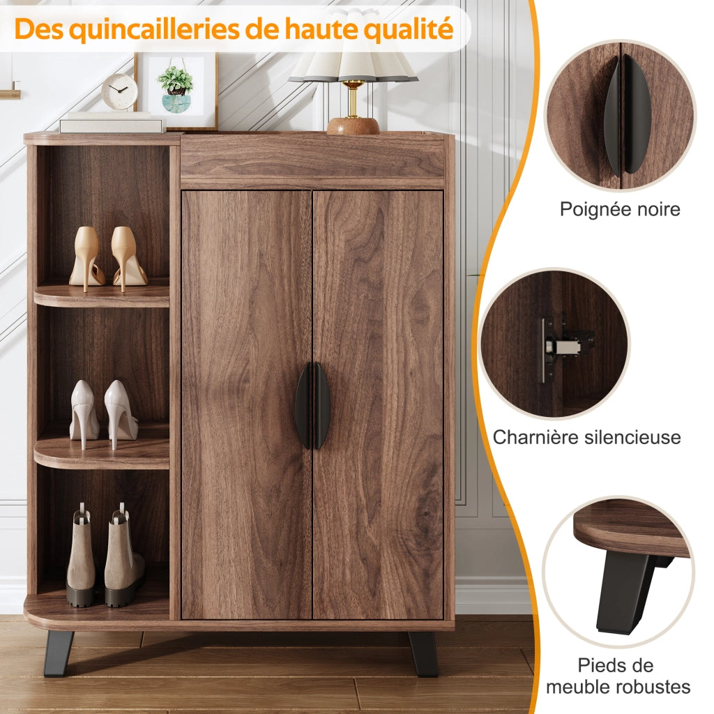 Mobile porta scarpe con 2 ante e vani aperti; ripiano superiore; per ingresso; in truciolare; noce; 80 × 32 × 99 cm