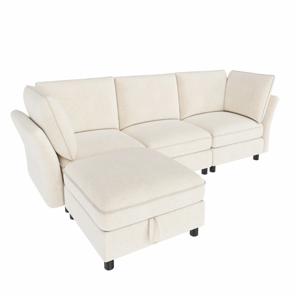 Divano modulare angolare 4 posti in ciniglia beige con pouf contenitore e 2 cuscini