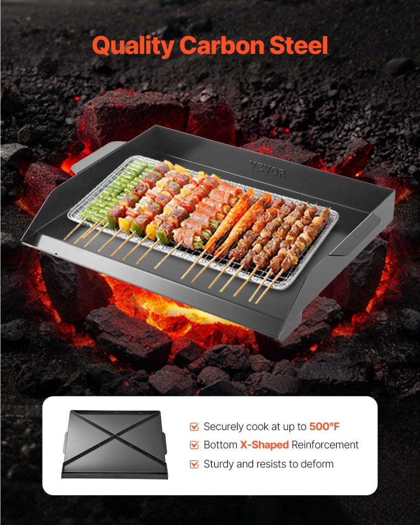 Piastra Rettangolare in Acciaio al Carbonio 502 x 370 mm HH-SPN009 Piastra Portatile con Manici per Barbecue Gas Campeggio Nero