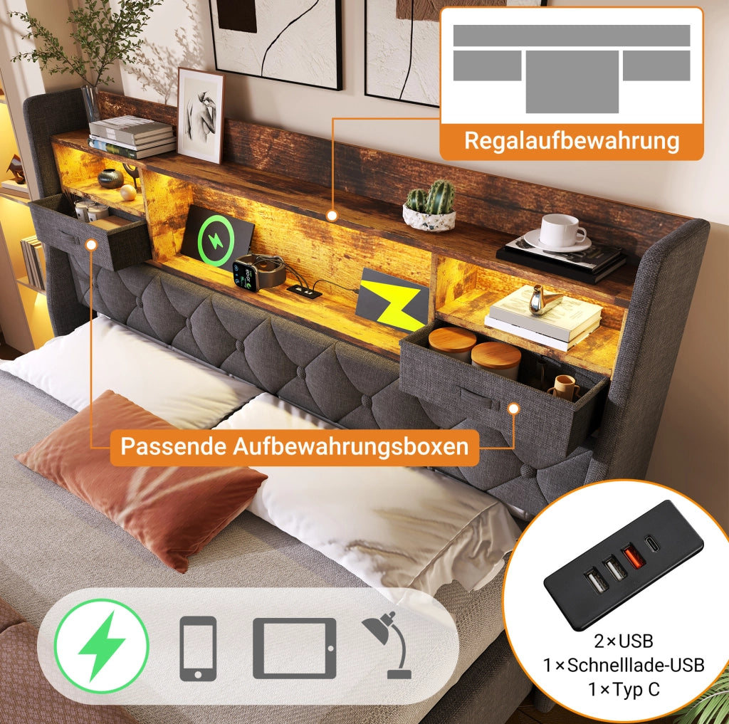 Letto imbottito 180x200 cm con LED, ricarica USB/Type-C e vano
