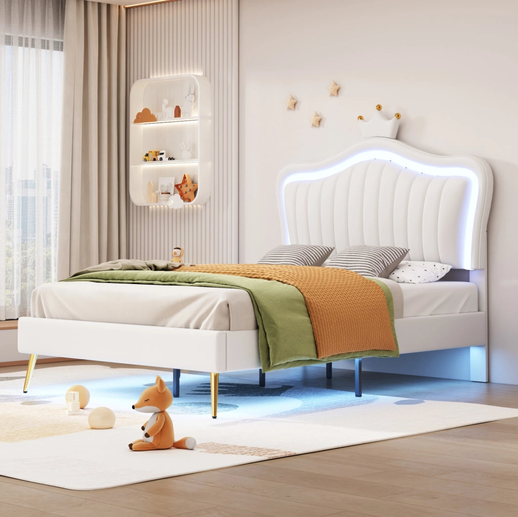 Letto per bambini imbottito 90x200 cm in PU bianco con LED, struttura robusta e schienale regolabile