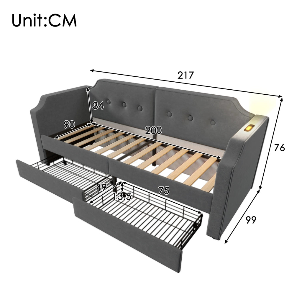 Letto singolo imbottito 90 × 200 cm con cassetti USB Type C lampada da lettura velluto grigio rete a doghe