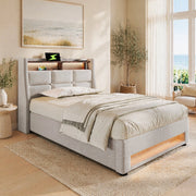 Letto contenitore 90 × 200 cm con LED e USB testiera imbottita rivestita in lino beige chiaro con rete a doghe