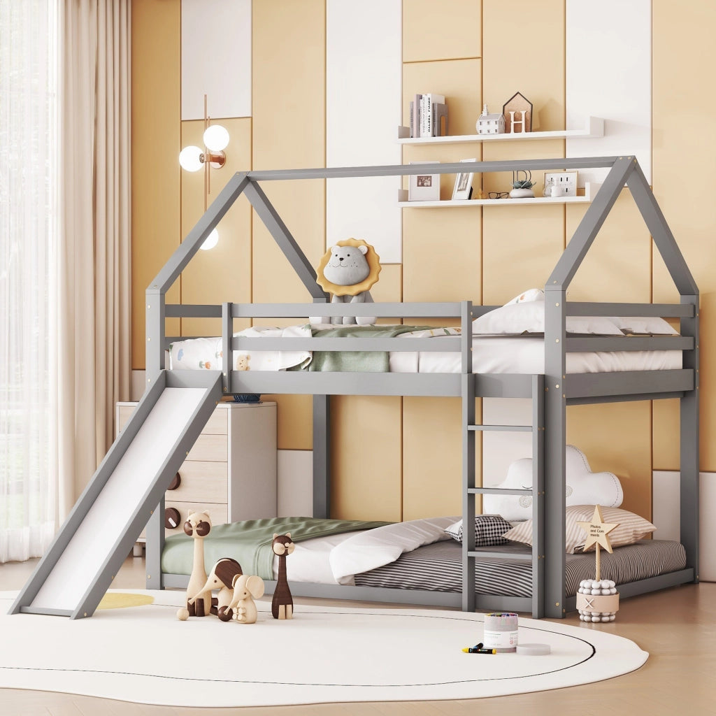 Letto a Castello per Bambini a Forma di Casa con Scivolo e Scala, 140x200 cm, Grigio