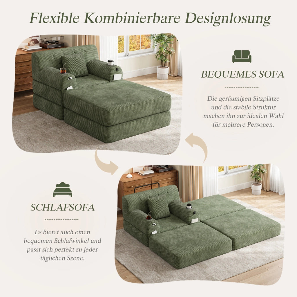 DIVANO LETTO 107x162x81 cm in Velluto a Coste Verde con Schienale Alto
