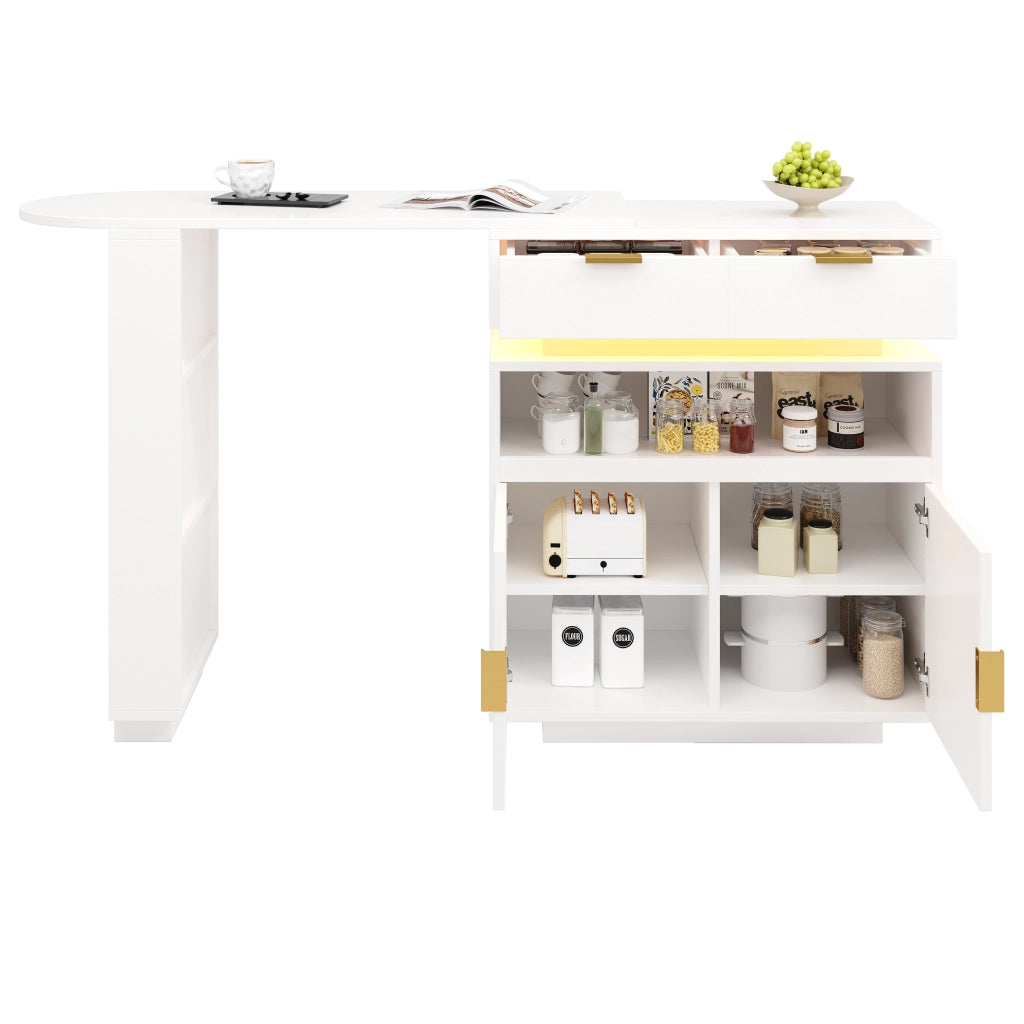Carrello da cucina con piano girevole e allungabile; ripiani regolabili e vani; con luce LED; 115-183×40×99.5 cm